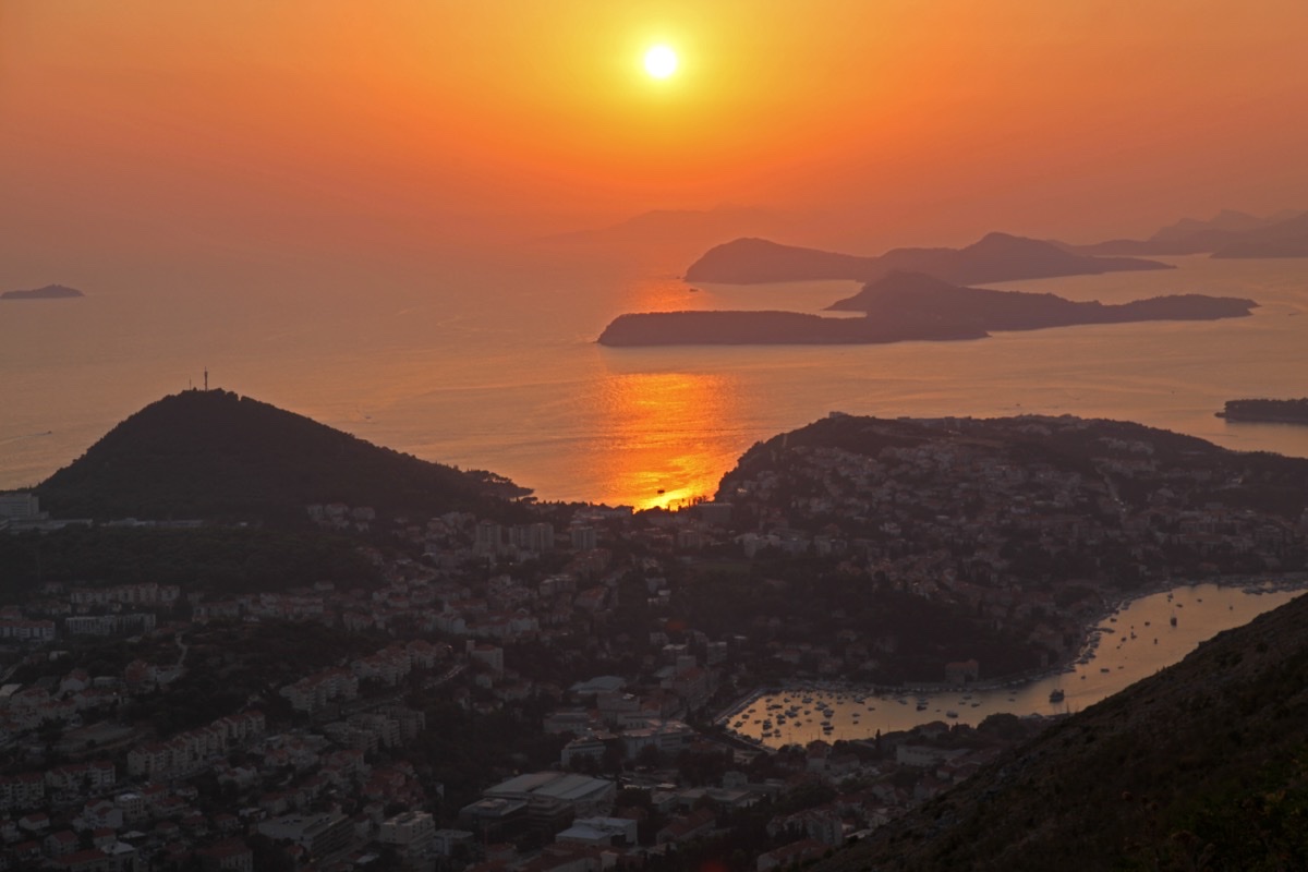 Orange sunset over the Adriatic and the Elaphiti islands from Mount Srđ